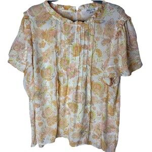 Rose + Olive Pintuck Flutter Sleeve Blouse Ruffle 2X Orange Pink Pastel Floral